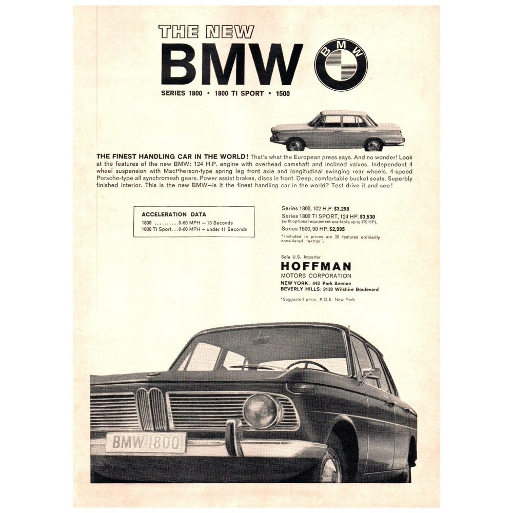 1964 BMW 1800 Ti Sport 1500 Luxury Sedan Vintage Print Ad Black Classic Car Art